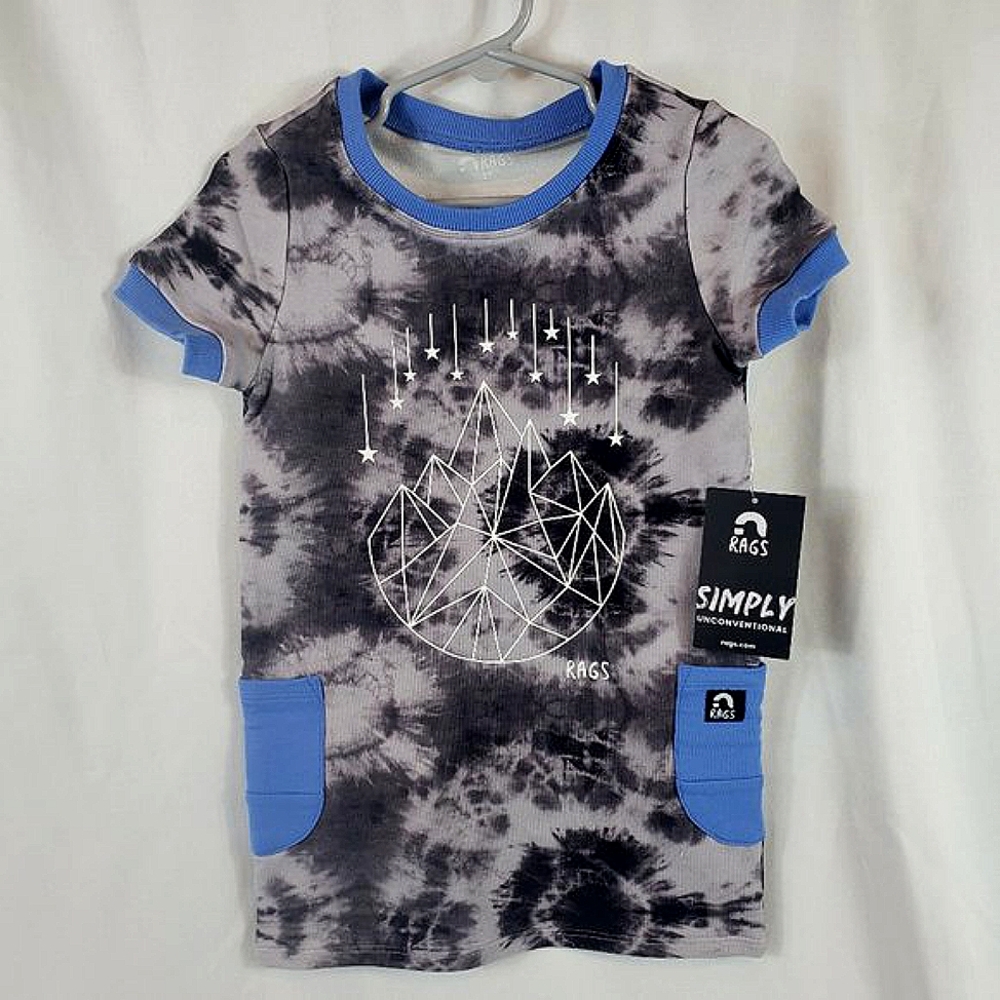 New, RAGS Black and Gray Short Sleeve Tie-Dyed Shift Dress with Blue Trim - Picture 1 of 8